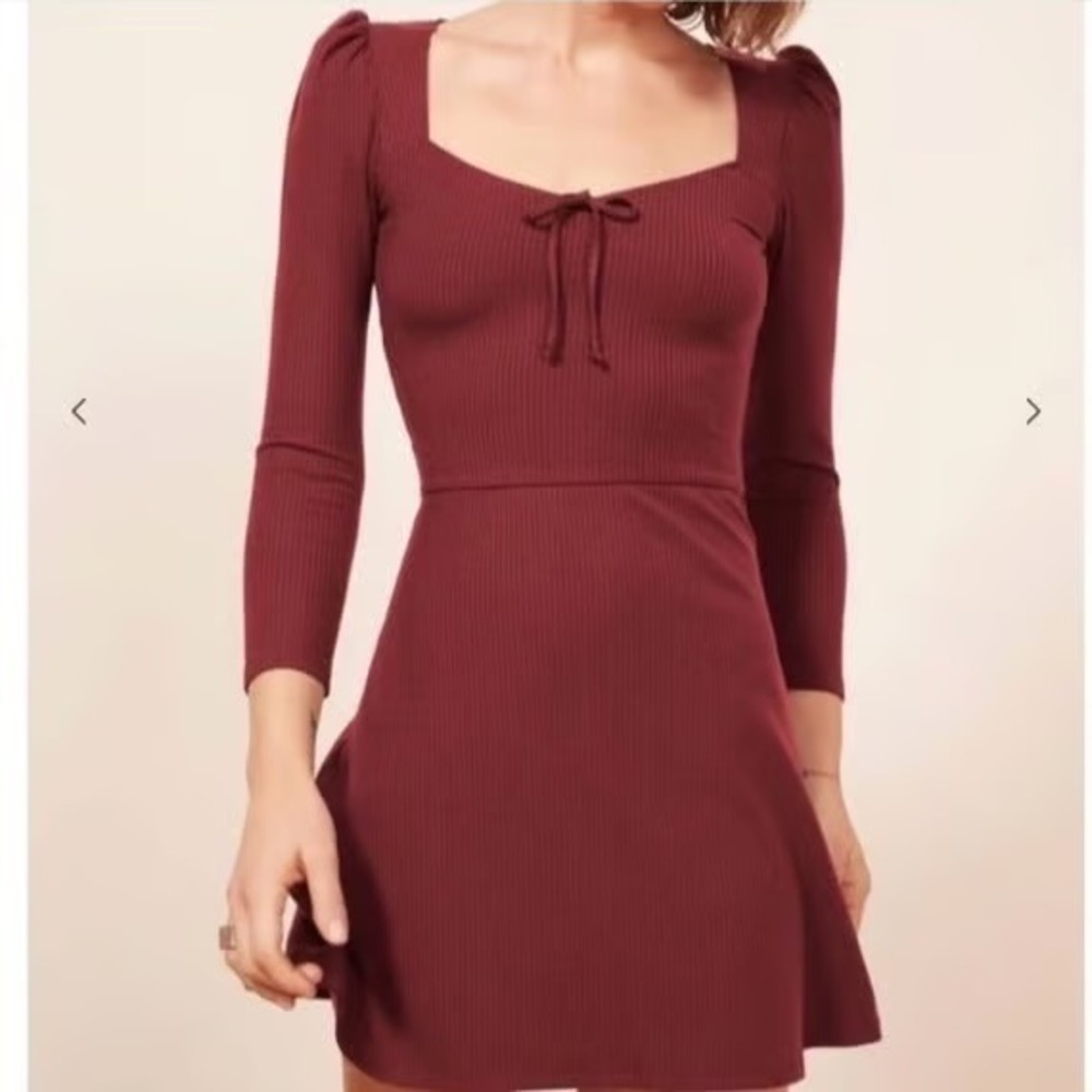 Reformation Annabella Ribbed Knit Long Sleeve Mini‎ Dress Tie Front Size  Large